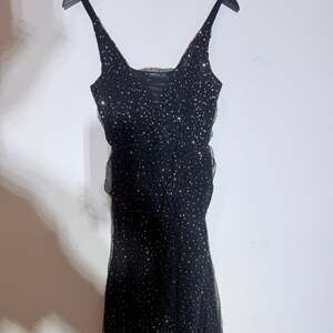 Zara Knit Black Sheer Tulle V-Neck Midi Dress with Gold Sequin Polka Dots